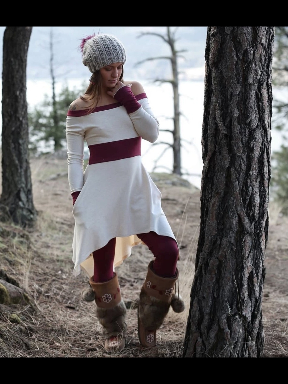Off-Shoulder High-Low Dress in Cream and Burgundy